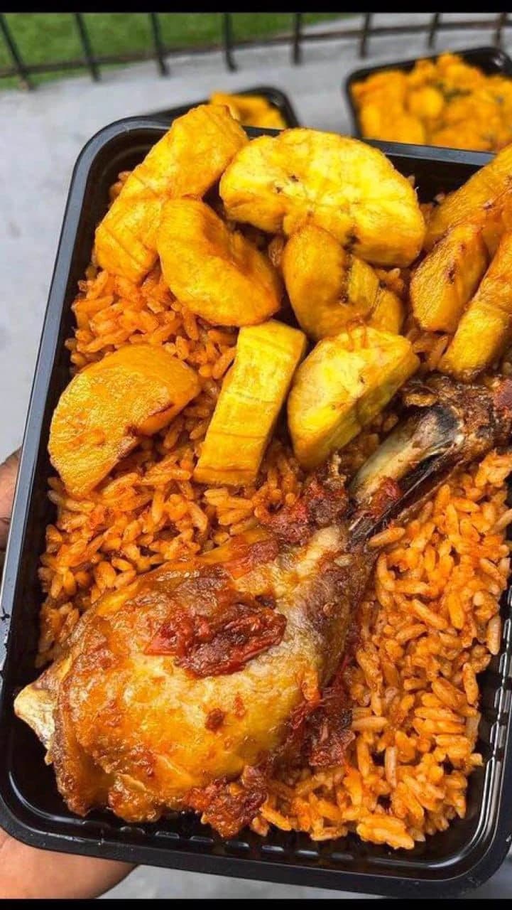 Dlawz jollof rice served with plantain and chicken