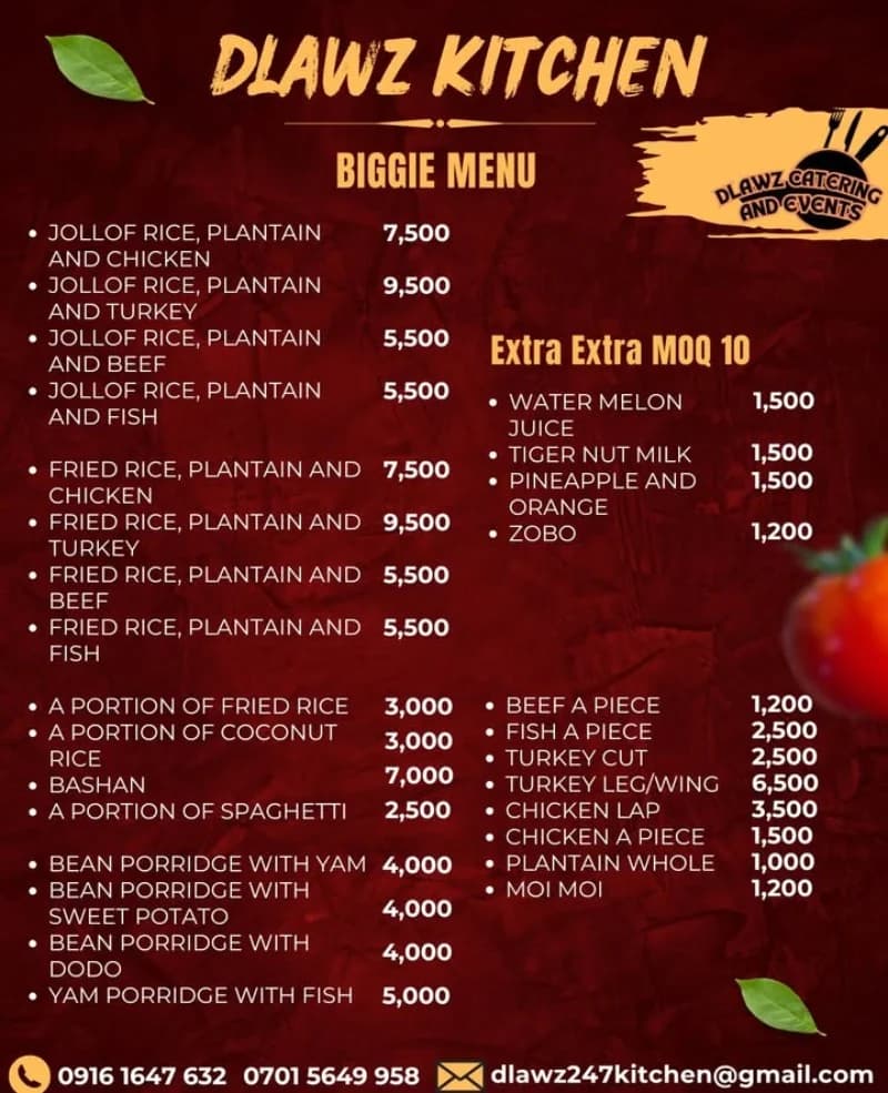 The original Dlawz Kitchen Biggie Menu flyer listing dishes and prices